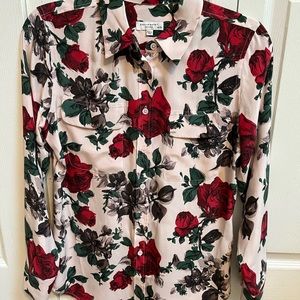 Equipment Silk light pink Red Rose Print Long-Sleeved Shirt Blouses 100%Silk XS